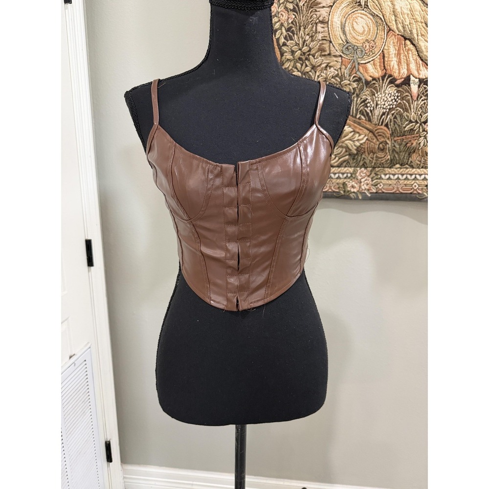 Bustier Top Womens Medium Brown Faux Leather Corset Cropโ Spaghetti Strap